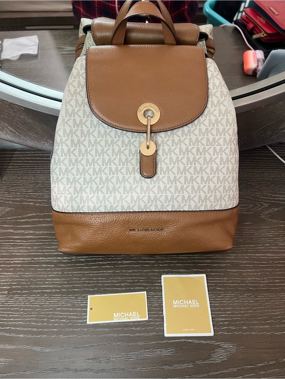 Michael Kors Vanilla MK Logo and Brown Leather Backpack